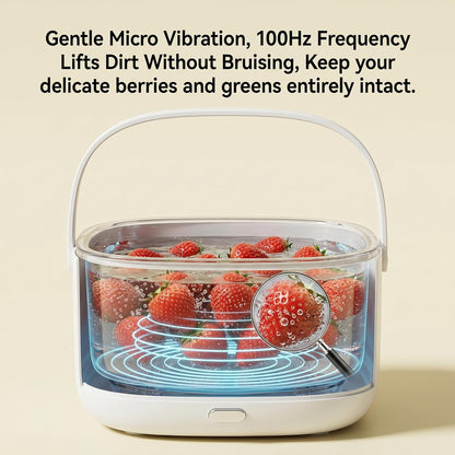 Ultrasonic Fruit Washer and Produce Cleaner Device - Countertop Fruit and Vegetable Washing Machine for Berry & Salad - Cordless Veggie Cleaner with 2-Tier Drain Basket Strainer