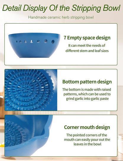 Herb Stripper & Garlic Grater, 2-In-1 7-Hole Design Herb Stripper Bowl, Built-in Garlic Grater Plate for Kale, Chard, Collard Greens, Thyme, Basil, Rosemary (Red)