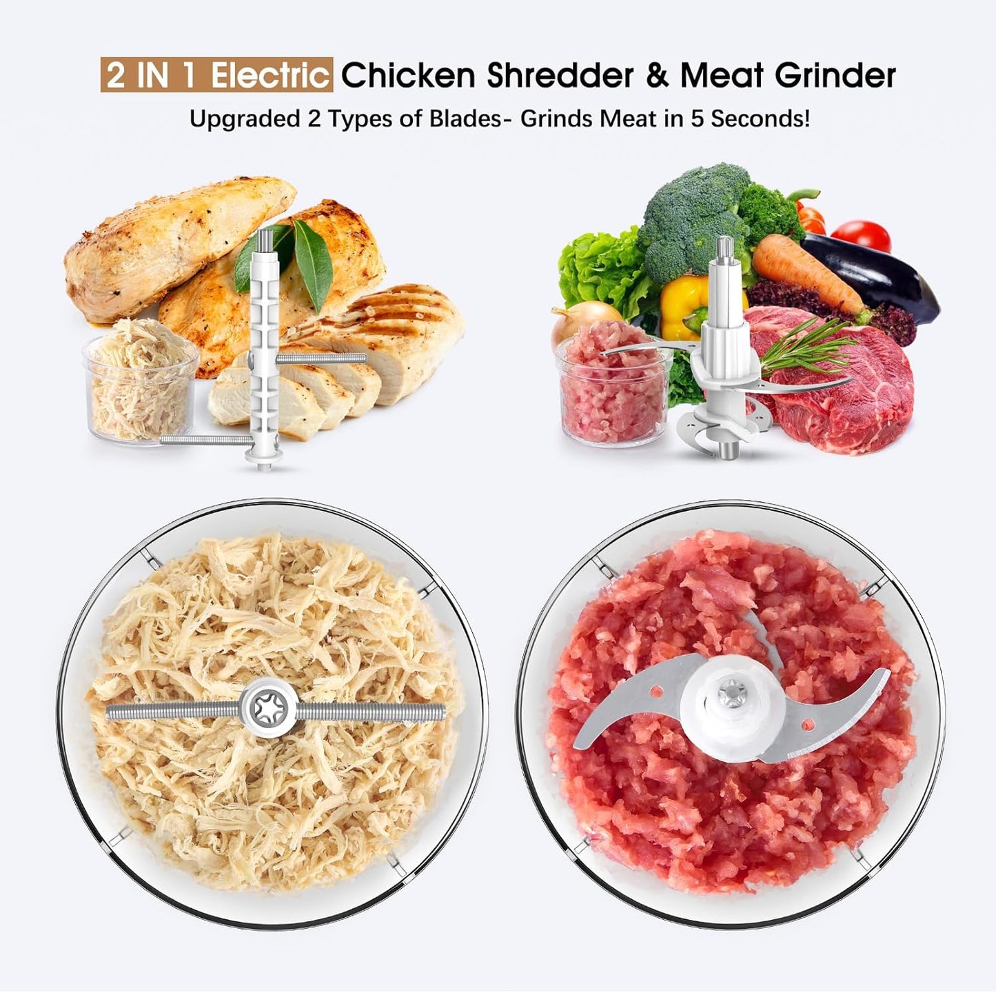 Food Processors, 2 IN 1 Electric Chicken Shredder &Food Chopper with 250W Copper Motor,1.5L Bowls & 2 Bi-Level Blades,One-Touch Electric Chicken Breast Shredder Tool-Smart Overheat Protection