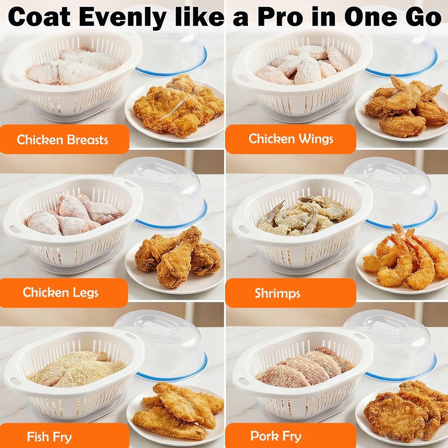 Batter Bowl, Breading Bowl with Lid Flour Shaker for Seasoning Fried Chicken, Fish, Shrimp, Just Flip (Blue)