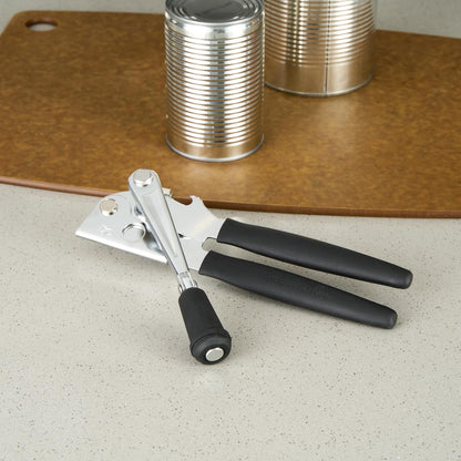 Restaurantware Stainless Steel Magnetic Manual Can Opener - German Standard Red Crank Can Opener with Magnet, Ergonomic Handles, Non-Slip - Heavy-Duty Hand Can Opener, Easy Turn, Sharp Blade