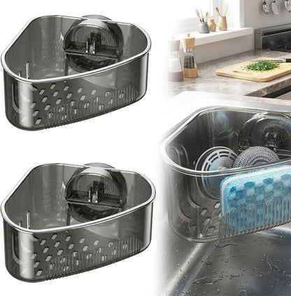 2 PCS Sponge Holder with Strong Suction Cup, Kitchen & Bathroom Sink Caddy for Sponges, Scrubbers, Soap, in-Sink Sponge Holder & Wall Hanging Sink Caddy Organizer Rack - Black