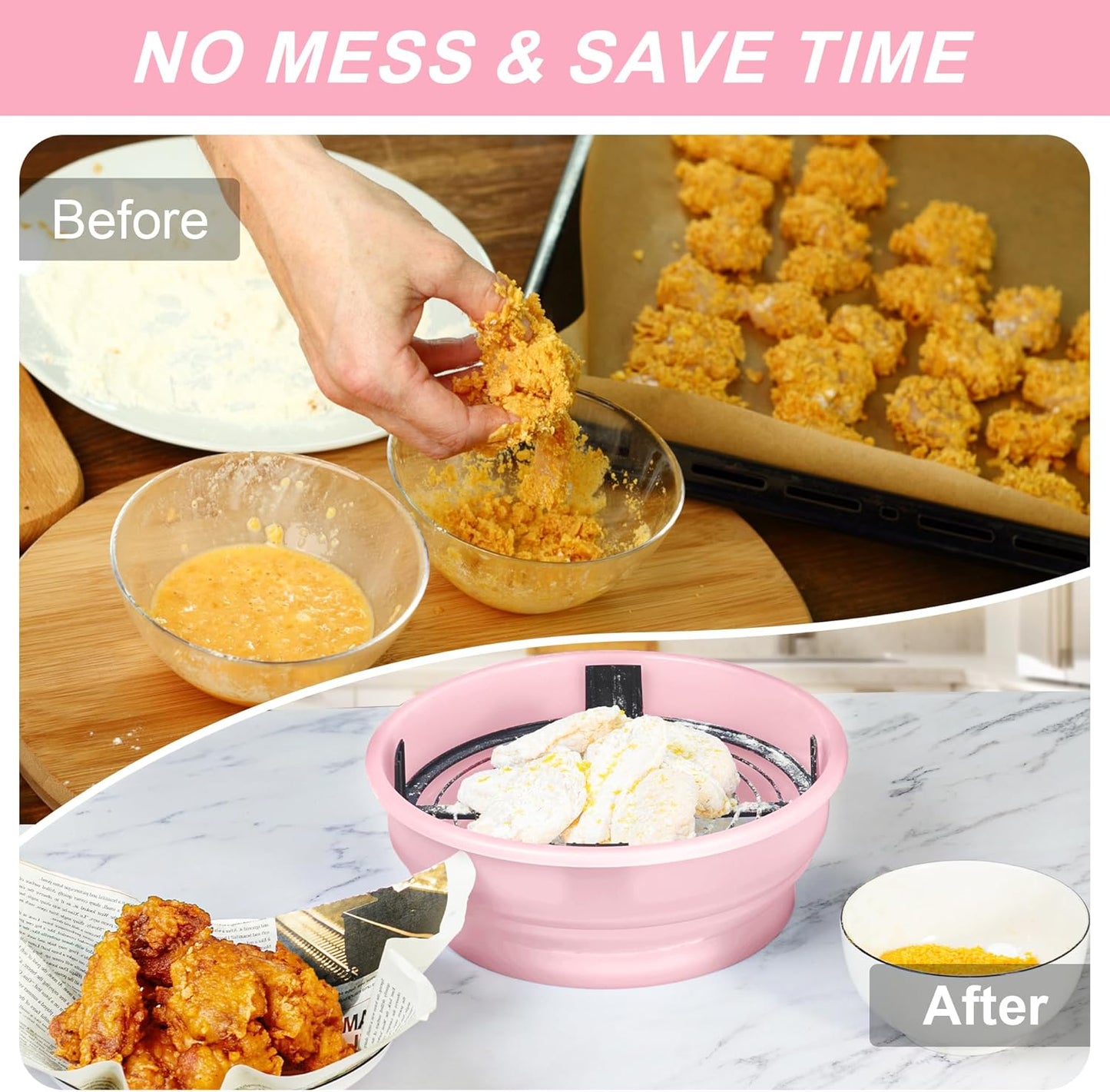 FJNATINH Collapsible Batter Bowl - Mess Free Better Breader Shaker Bowl with Lid Breading Shaker Container - Great for Fried Fish, Fried Chicken, Onion Rings, Wings & More,No Leak,Easy to Store