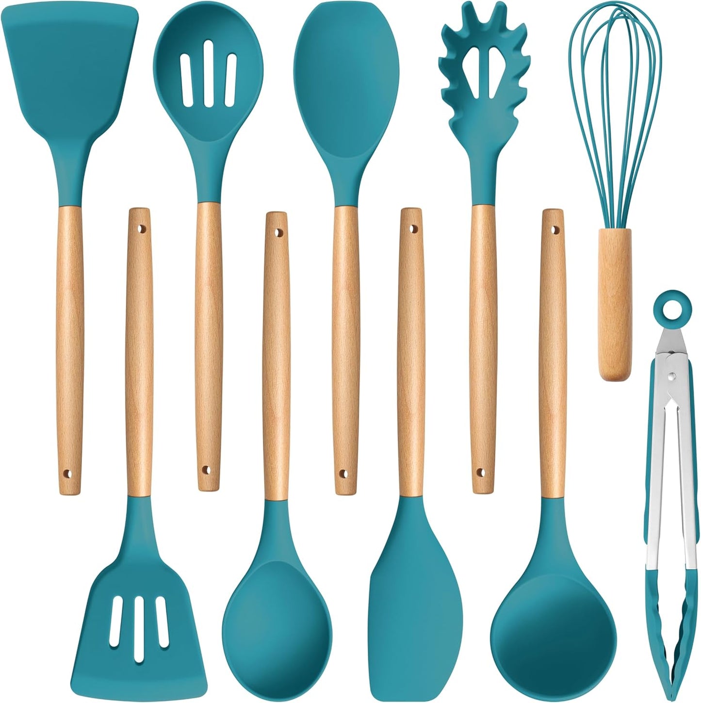 E-far Silicone Cooking Utensils Set, 10-Piece Heat Resistant Kitchen Utensils Set with Wooden Handle for Nonstick Cookware, Kitchen Nonstick Tools Spatula Whisk Tongs Ladle, Non-toxic & Healthy(Khaki)