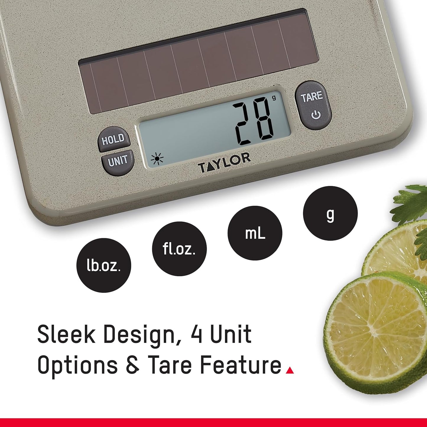 Taylor Light Powered Digital Kitchen Scale, Coffee Husk Blend Material, Solar Panel with Endless Power, No Batteries Needed, Energy-Saving, 11lb Capacity, Beige