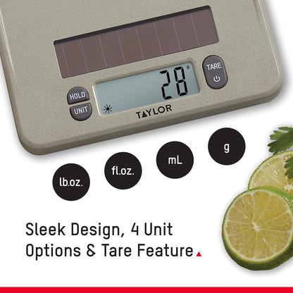 Taylor Light Powered Digital Kitchen Scale, Coffee Husk Blend Material, Solar Panel with Endless Power, No Batteries Needed, Energy-Saving, 11lb Capacity, Beige