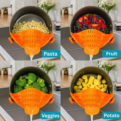 Clip On Strainer Silicone for Pots and Pans, Universal Fit Pasta Strainer and Pot Colander, Space Saving Food Drainer with Collapsible Funnel and Garlic Peeler, 3 Pcs Set, Black