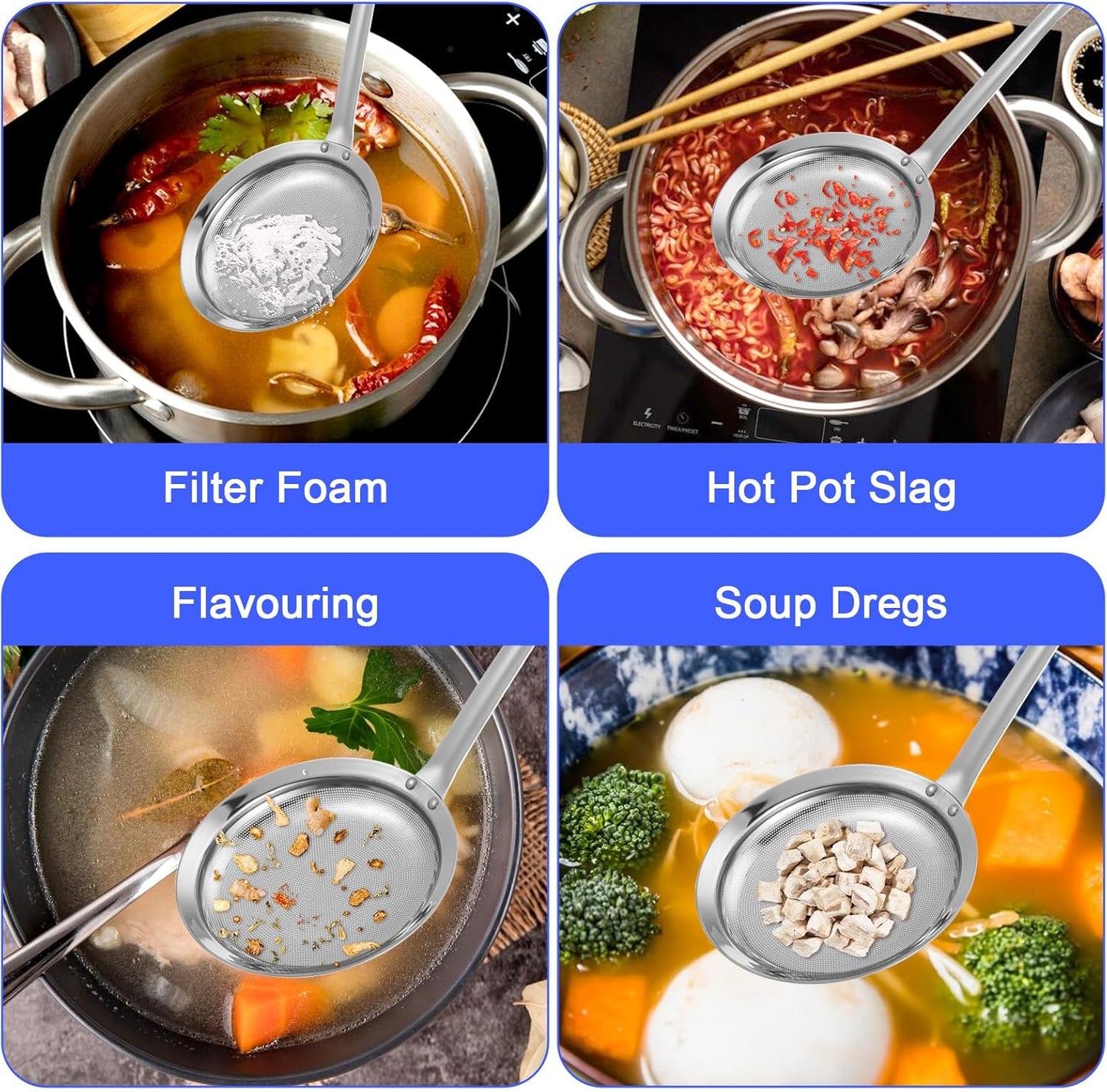 Stainless Steel Fine Mesh Strainer Set of 4, 2 Sizes Fine Mesh Kitchen Sieve for Cooking, Long Handle Food Strainer Skimmer Spoon Grease Separator