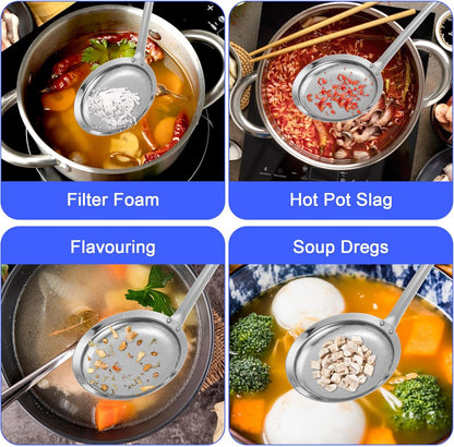 Stainless Steel Fine Mesh Strainer Set of 4, 2 Sizes Fine Mesh Kitchen Sieve for Cooking, Long Handle Food Strainer Skimmer Spoon Grease Separator