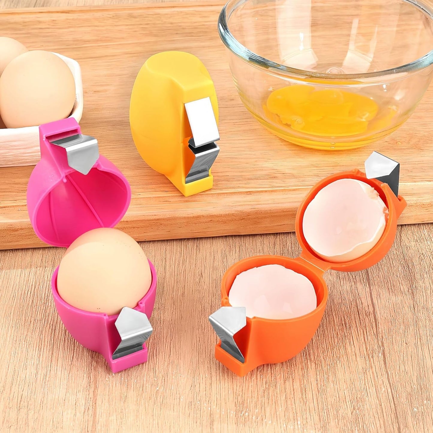 Stainless Steel Egg Opener, Cracker, Separator and Slicer Tool, 3 Piece Set, Pink, Orange, Yellow, for Breakfast and Baking