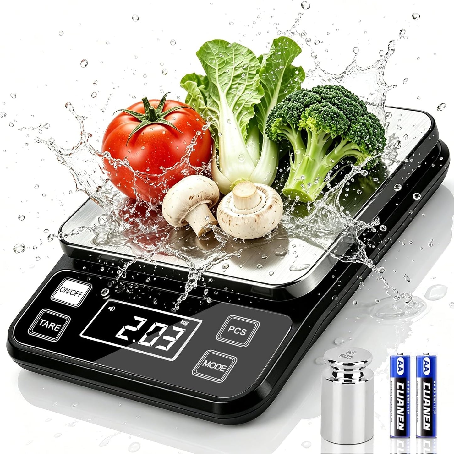 Waterproof Food Scale, 22lb Digital Kitchen Scale with Batteries, 304 Stainless Steel Precision Gram Scale for Baking, Cooking, Meal Prep, Tare Function