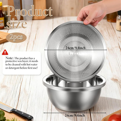 304 Stainless Steel Colander 3.5QT Microporous Colander and Large Bowl, Rice-Strainer with Salad Mixing Bowl Rice Washer Strainer Bowls for Washing Vegetables, Fruit and Rice, Dishwasher Safe(2PCS)