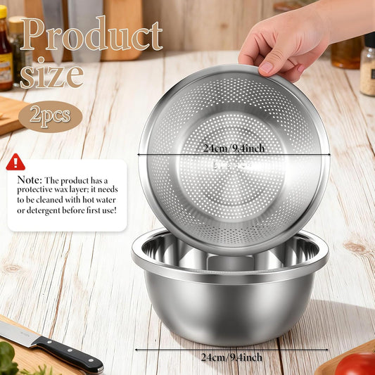 304 Stainless Steel Colander 3.5QT Microporous Colander and Large Bowl, Rice-Strainer with Salad Mixing Bowl Rice Washer Strainer Bowls for Washing Vegetables, Fruit and Rice, Dishwasher Safe(2PCS)