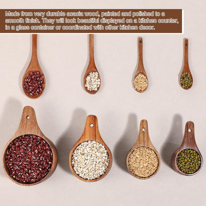 8 Pcs Wooden Measuring Cups And Spoons Set, Solid Acacia Wood, Laser Engraved Measurements, Nesting Design, Kitchen Accessories for Dry Ingredients, Baking and Cooking