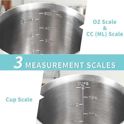 Newness Stainless Steel Measuring Cup, Metal Measuring Cup with Handle (Upgraded, 3 Marking Including Cup/ML/Ounce Scale), 16 Ounces (0.5 Liter, 2 Cup)