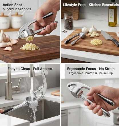 Heavy Duty Zinc Alloy Garlic Press & Mincer - Professional Rust-Proof Crusher for Garlic, Ginger and Nuts - Ergonomic Easy Squeeze Kitchen Gadget