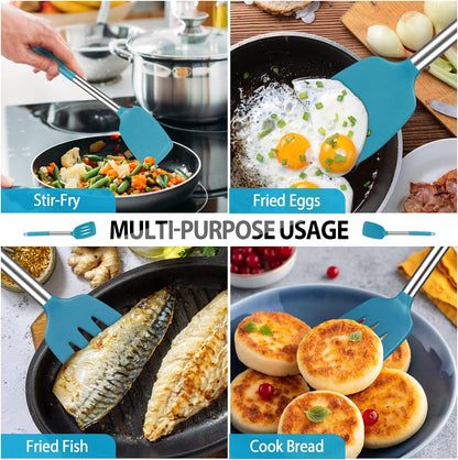 Pack of 4 Large Silicone Cooking Spatulas and Spoons, Slotted and Solid Stainless Steel Cooking Utensils Set, Non-stick Heat Resistant Kitchen for Baking, Fried, Stir-Fry, Mixing, Serving (Black)