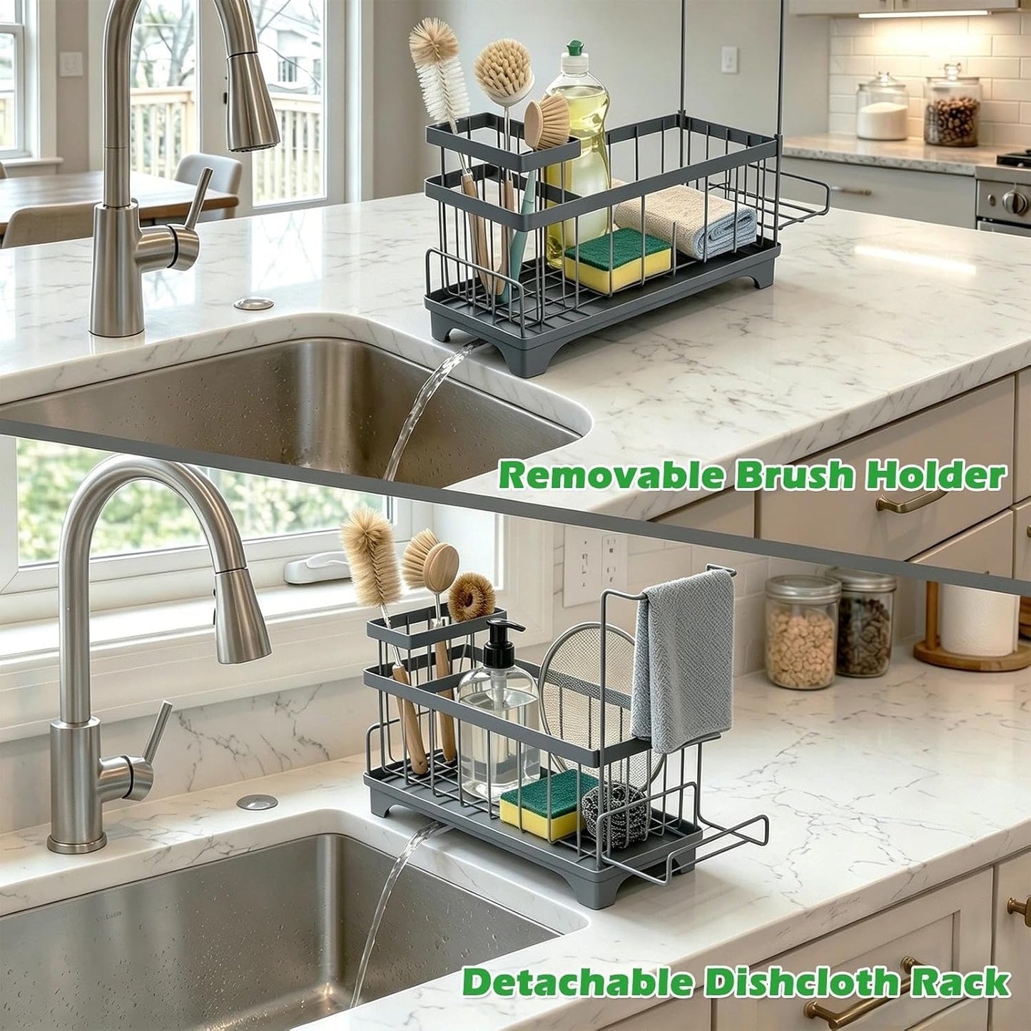 Sponge Holder for Kitchen Sink, Sink Caddy Organizer with Detachable Cloth & Brush Holder, Self-Draining Sponge Caddy Organizer with 360° Rotatable Spout, Kitchen Countertop Storage Accessories(White)