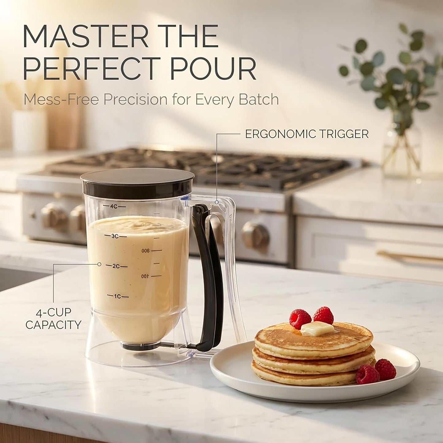 Pancake Batter Dispenser 4-Cup Batter Dispenser with Squeeze Handle & Measuring Marks Kitchen Must Have Tool for Pancakes, Cupcake, Waffle, Muffin Mix, Cake & Crepe,Baking Tool