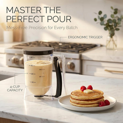 Pancake Batter Dispenser 4-Cup Batter Dispenser with Squeeze Handle & Measuring Marks Kitchen Must Have Tool for Pancakes, Cupcake, Waffle, Muffin Mix, Cake & Crepe,Baking Tool