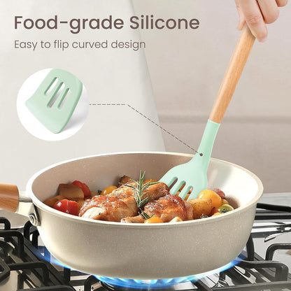 26 Pcs Silicone Cooking Utensils Set with Holder, NCUE BPA Free Kitchen Utensils Set for Cooking, 446°F Spatulas Silicone Heat Resistant Wooden Handle Spoon Tongs Non-stick Kitchen Gadgets (Khaki)
