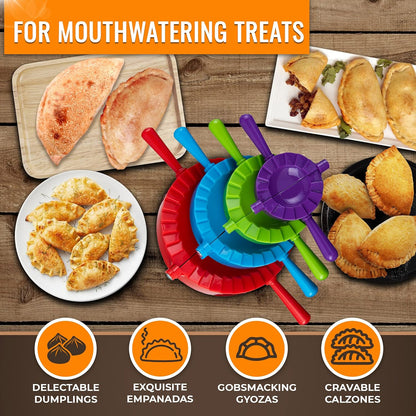 Magic Dumpling Maker Kit, Set of 4 - Mold Ravioli, Empanadas, Momos, Gyozas, Pot Stickers, Jamaican Beef Patties, Pierogi and Calzones - Wonton Dough Press and Pasta Making Tools