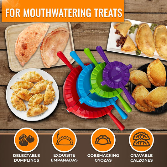 Magic Dumpling Maker Kit, Set of 4 - Mold Ravioli, Empanadas, Momos, Gyozas, Pot Stickers, Jamaican Beef Patties, Pierogi and Calzones - Wonton Dough Press and Pasta Making Tools