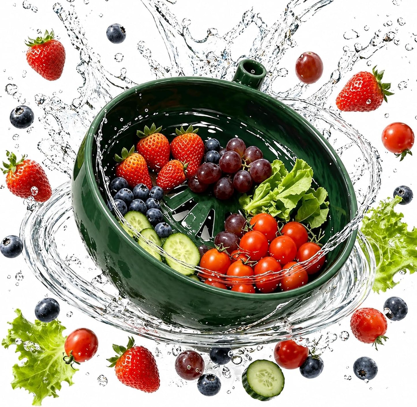 Self Spinning Berry Washing Bowl, Fruit & Vegetable Washer with Drain, 360° Vortex Cleaning, Rapid Wash Multipurpose Kitchen Colander, Multipurpose Kitchen Strainer Bowl (1)
