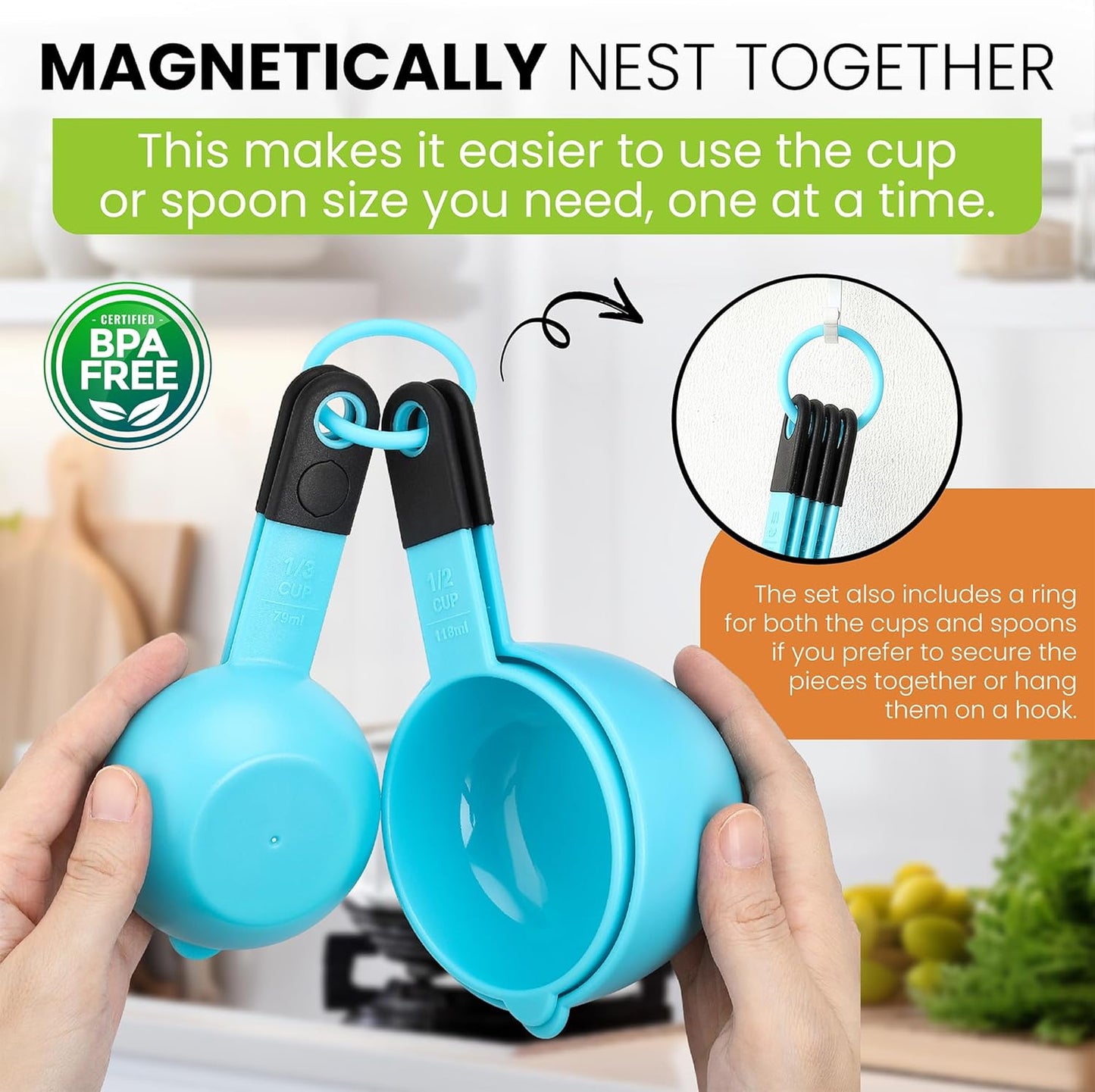 Spring Chef Magnetic Measuring Cups and Spoons Set of 9, Nesting Kitchen Tool with Easy to Read Markings for Measuring Dry or Liquid Ingredient, BPA Free, Black