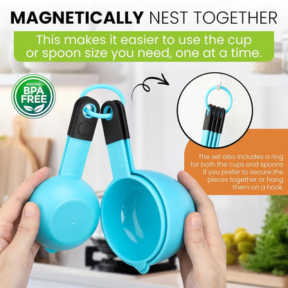 Spring Chef Magnetic Measuring Cups and Spoons Set of 9, Nesting Kitchen Tool with Easy to Read Markings for Measuring Dry or Liquid Ingredient, BPA Free, Black
