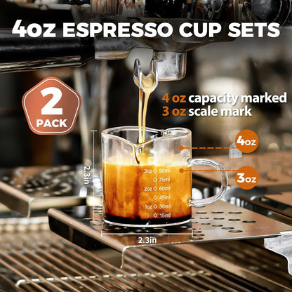 SENTVEND Espresso Cups Set of 2, 4 Oz Espresso Shot Glass with Handle Double Spout Measuring Cups with Scale Clear Glass Milk Cup Coffee Accessories Great for Making Coffee Desserts Salad Dressing