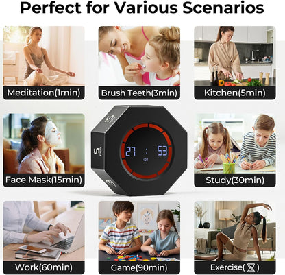 Small Rechargeable Pomodoro Timer, Gravity Sensor Auto-Rotating 7 Preset Times (1/3/5/15/30/60/90 min) & Count Up Mode, Digital Kitchen Timers for Cooking, Work and Study (Pearl White)