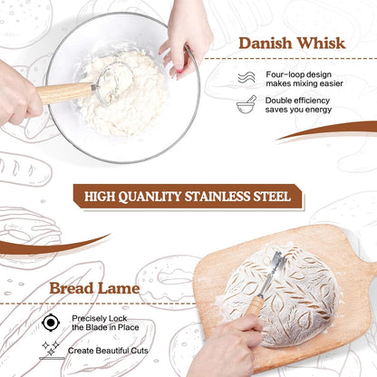 Sourdough Starter Kit, 9'' Round Banneton Proofing Basket, 36oz Sourdough Starter Jar, Bread Lame, Dough Scraper, Dough Whisk & Silicone Bread Sling