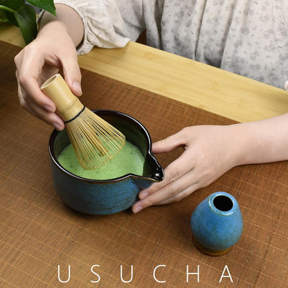 Artcome 4 Pcs Complete Matcha Ceremony Kit - Japanese Bowl With Pouring Spout, Whisk, Holder, Scoop - Tea Set for Making Usucha, Koicha and Latte (Green)