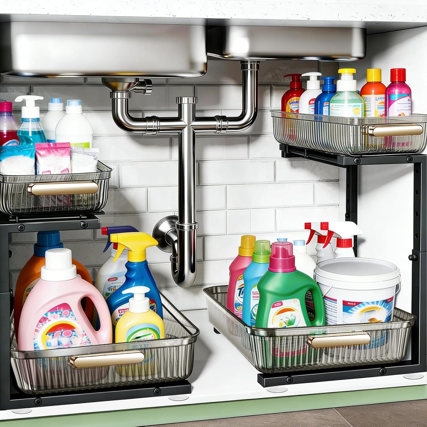ARSTPEOE Under Sink Organizer - 2 Packs Multi-Purpose Pull-Out Storage Organizers, Slide out Pull out Metal Cabinet Organizer Shelf, Storage for Kitchen Bathroom, Black