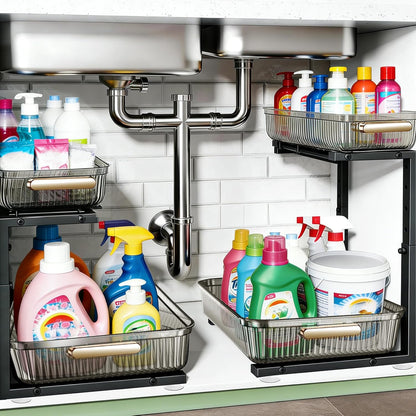 ARSTPEOE Under Sink Organizer - 2 Packs Multi-Purpose Pull-Out Storage Organizers, Slide out Pull out Metal Cabinet Organizer Shelf, Storage for Kitchen Bathroom, Black