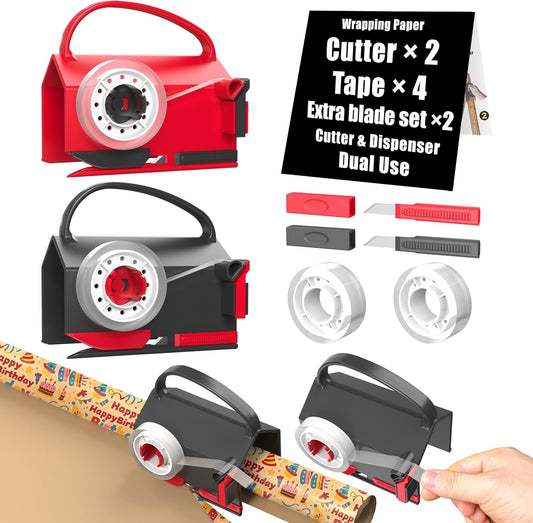Wraprocut (2-Pack) Wrapping Paper Cutter & Tape Dispenser Dual Use with 4 Tapes，2 Replace Blades Kit for Christmas Gift Wrap Cutter Tool Paper Roll Holder Tube Sliding Slicing for Birthday Holiday.