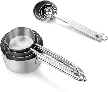 New Star Foodservice 42917 Stainless Steel Measuring Cups and Spoons Set, 8-Piece Metal Measuring Set for Baking, Cooking, Dry and Liquid Ingredients, Restaurant Grade, Silver