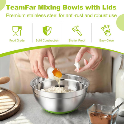 TeamFar Mixing Bowls, Black Mixing Bowls with Lids Set, Stainless Steel Nesting Salad Bowl with Air-tight Lid & Silicone Bottom, Non Slip & Stackable - Set of 6-4.6/2.6/2 / 1.5/1 / 0.7 Qt