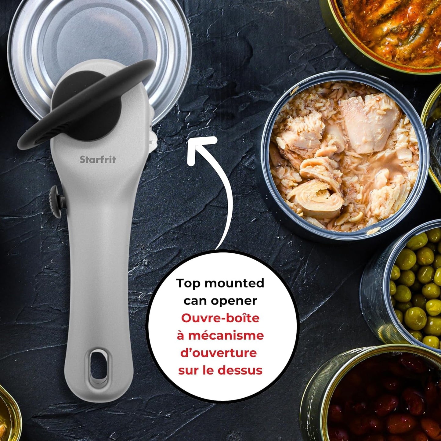 Starfrit Securimax Auto Can Opener - Patented Safe Edge Technology with Lid Lifter - Leaves No Sharp Edges on Lid & Can - Heavy Duty Non-Slip Knob - Grey