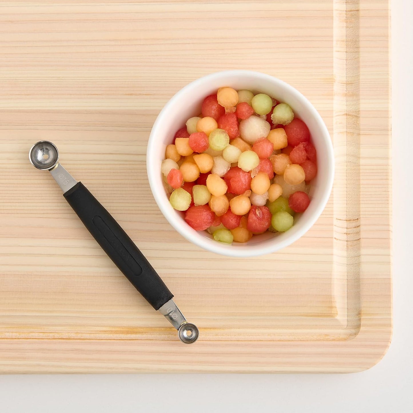 Cat Cora Melon Baller, Professional 18/8 Stainless Steel Dual Blades 10/15-Millimeter for Melon Balls and Garnishes, Ergonomic Soft-Grip Handle