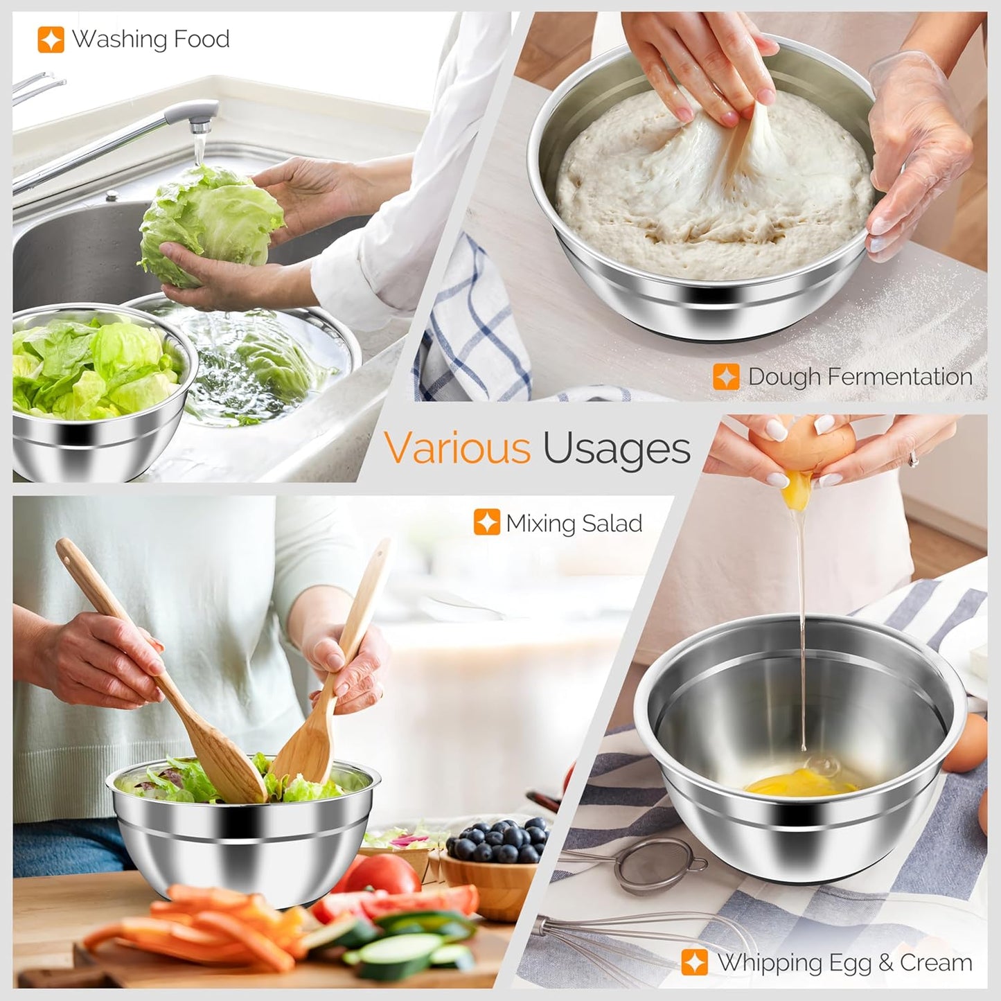 HaWare Mixing Bowls, 24-Piece Stainless Steel Salad Serving Bowl with Airtight Clear Lids, Metal Nesting Bowl For Kitchen Cooking Prepping Storing with 3 Graters, 4.6/2.6/1.5/1/0.7 QT, Khaki