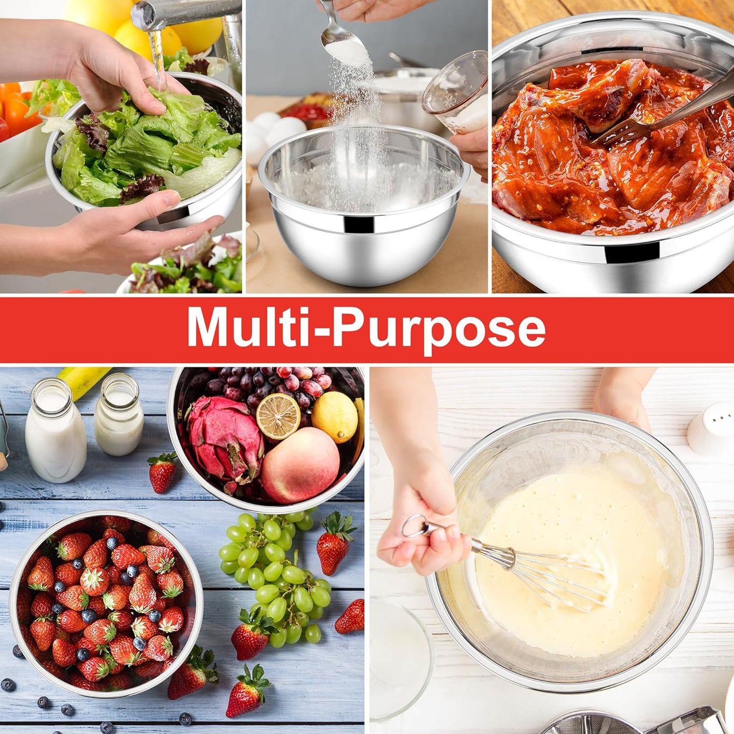 E-far Mixing Bowls with Lids, 6-Piece Stainless Steel Salad Bowls Metal Nesting Bowls for Baking Cooking and Prepping, Airtight Lids & Stackable Design, Size 4.5, 3, 1.5 QT (Black)