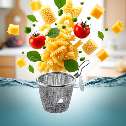 Stainless Steel Pasta Basket, Fine Mesh Strainer with Handle, Mesh Spider Food Dumpling Noodle Strainer Food Strainer Kitchen Utensils