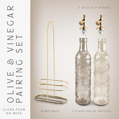 COOK WITH COLOR Glass Olive Oil Bottle Dispenser - 2 Pack- 17oz Oil and Vinegar Cruet - Olive Oil Carafe Decanter for Kitchen, Elegant Waves, Clear