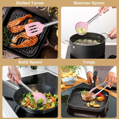 E-far Silicone Cooking Utensils Set, 7 Pcs Heat Resistant Kitchen Utensils with Stainless Steel Handle, Slotted Turner, Spoon, Soup Ladle, Pasta Server, Skimmer, Tongs for Nonstick Cookware, Black