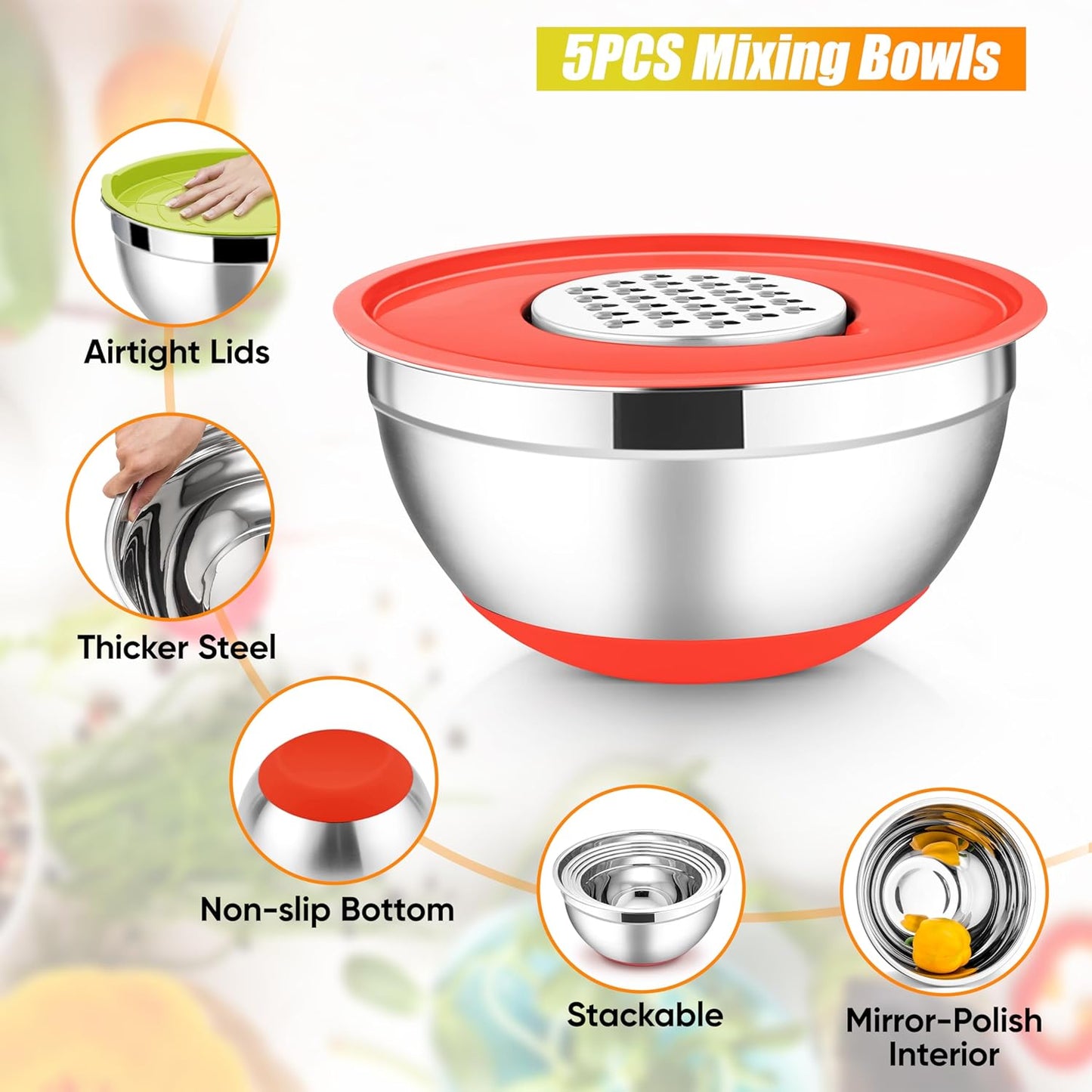 E-far Stainless Steel Mixing Bowls with Lids Set, 5-Piece Nesting Salad Bowls with 3 Grater Attachments and Non-Slip Bottoms, Size 4.6, 2.6, 2, 1.5, 1QT for Kitchen (Black)