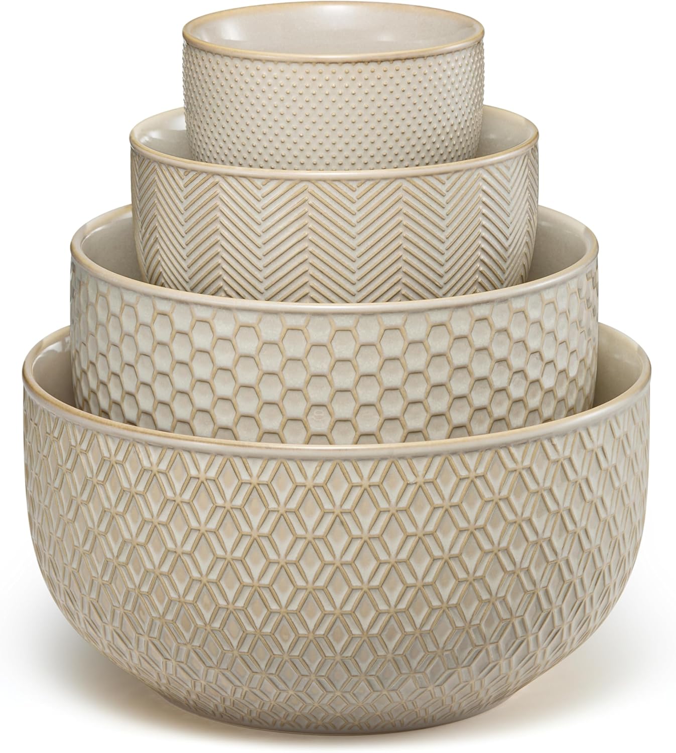 KooK Ceramic Mixing Bowls, Nesting Set of 4, Embossed Kitchen Dishware, Prep, Serving, Gift, Microwave and Dishwasher Safe, 20/44/98/145 oz, Narbonne Collection (Ivory)