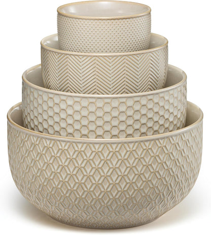 KooK Ceramic Mixing Bowls, Nesting Set of 4, Embossed Kitchen Dishware, Prep, Serving, Gift, Microwave and Dishwasher Safe, 20/44/98/145 oz, Narbonne Collection (Ivory)