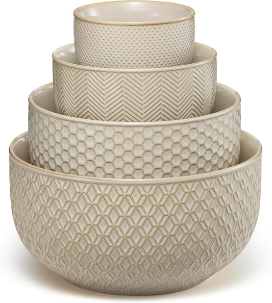 KooK Ceramic Mixing Bowls, Nesting Set of 4, Embossed Kitchen Dishware, Prep, Serving, Gift, Microwave and Dishwasher Safe, 20/44/98/145 oz, Narbonne Collection (Ivory)